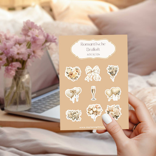 Stickervel met romantische bruiloft stickers in zachte kleuren