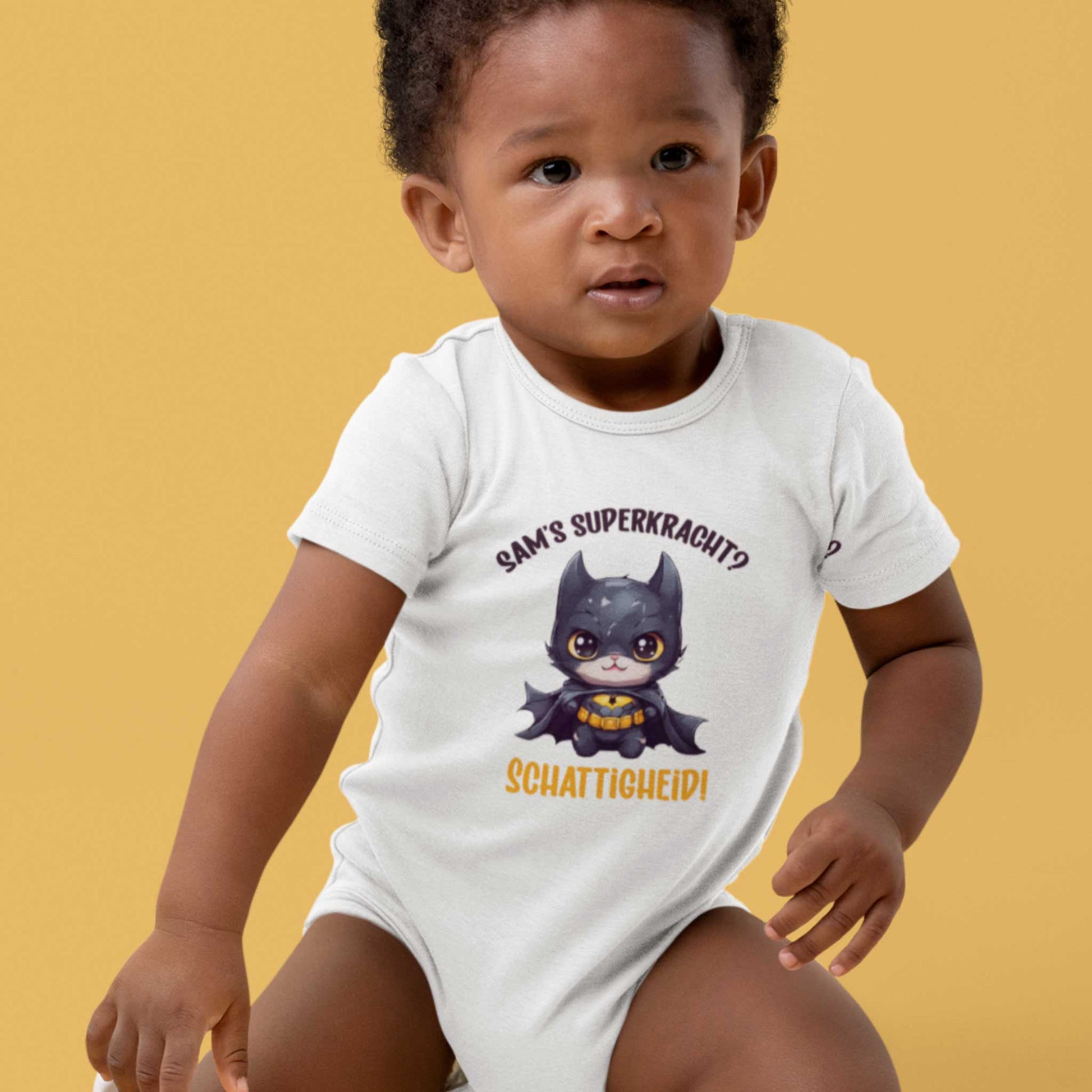 Baby draagt wit rompertje met superheld-kat en tekst “Sam’s superkracht? Schattigheid!” – grappig gepersonaliseerd babycadeau