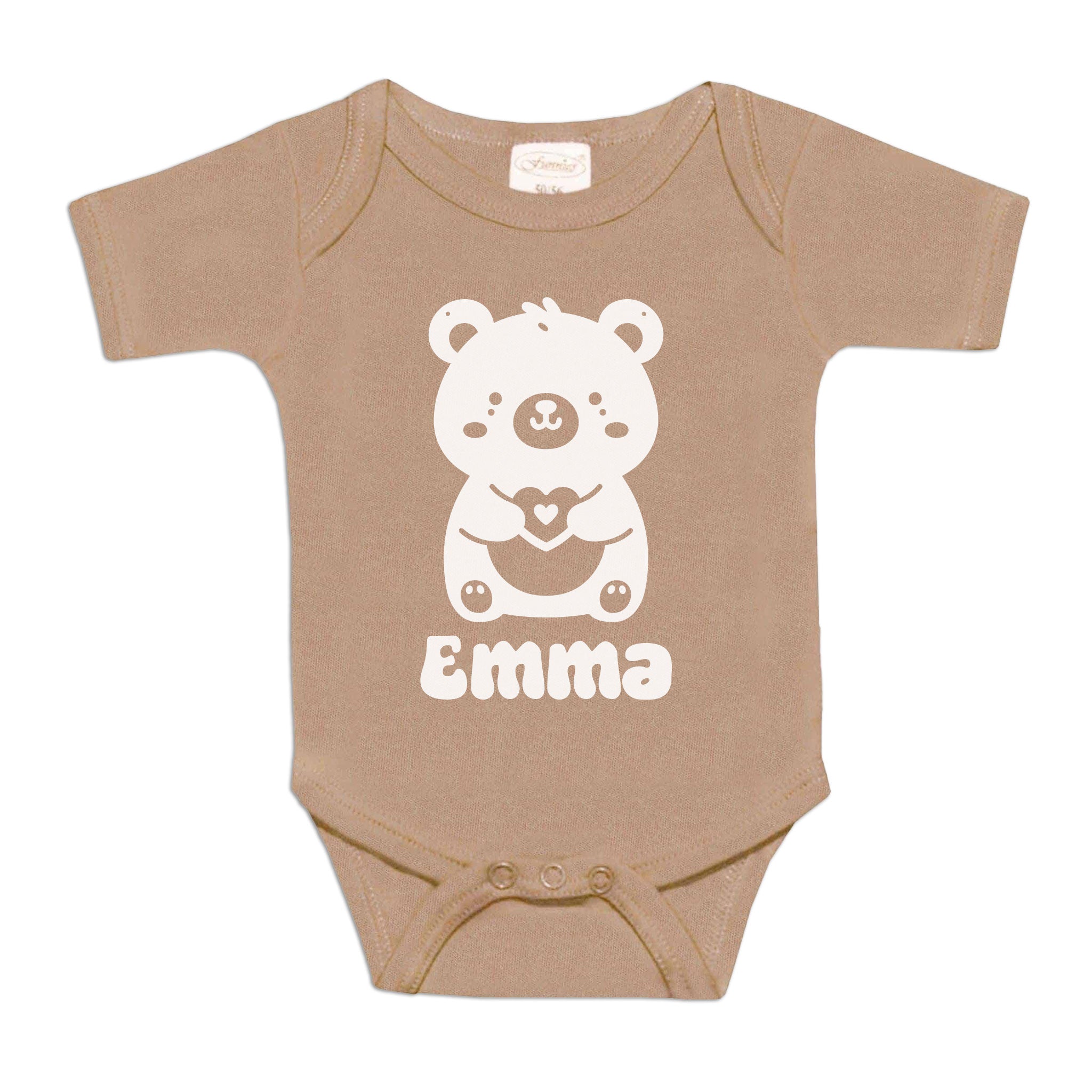 gepersonaliseerd licht bruin baby rompertje met naam en beertje in wit