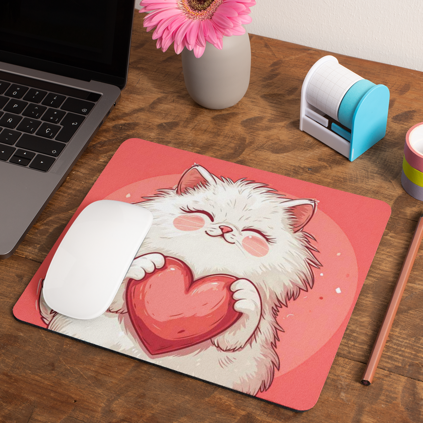 Muismat 22×19 cm met witte kat die rood hart vasthoudt, roze achtergrond, witte muis erop, gefotografeerd op houten bureau met laptop en roze bloem.