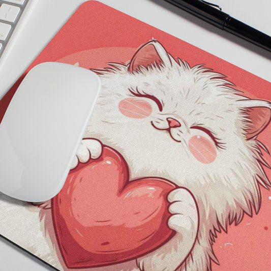 Close-up van muismat met witte kat die rood hart vasthoudt, roze achtergrond, witte muis erop.