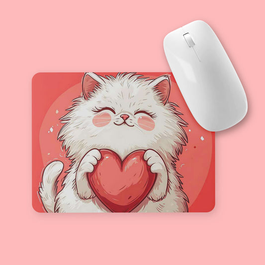 Muismat met witte kat die rood hart vasthoudt op roze achtergrond, witte muis erop, gefotografeerd tegen roze achtergrond.