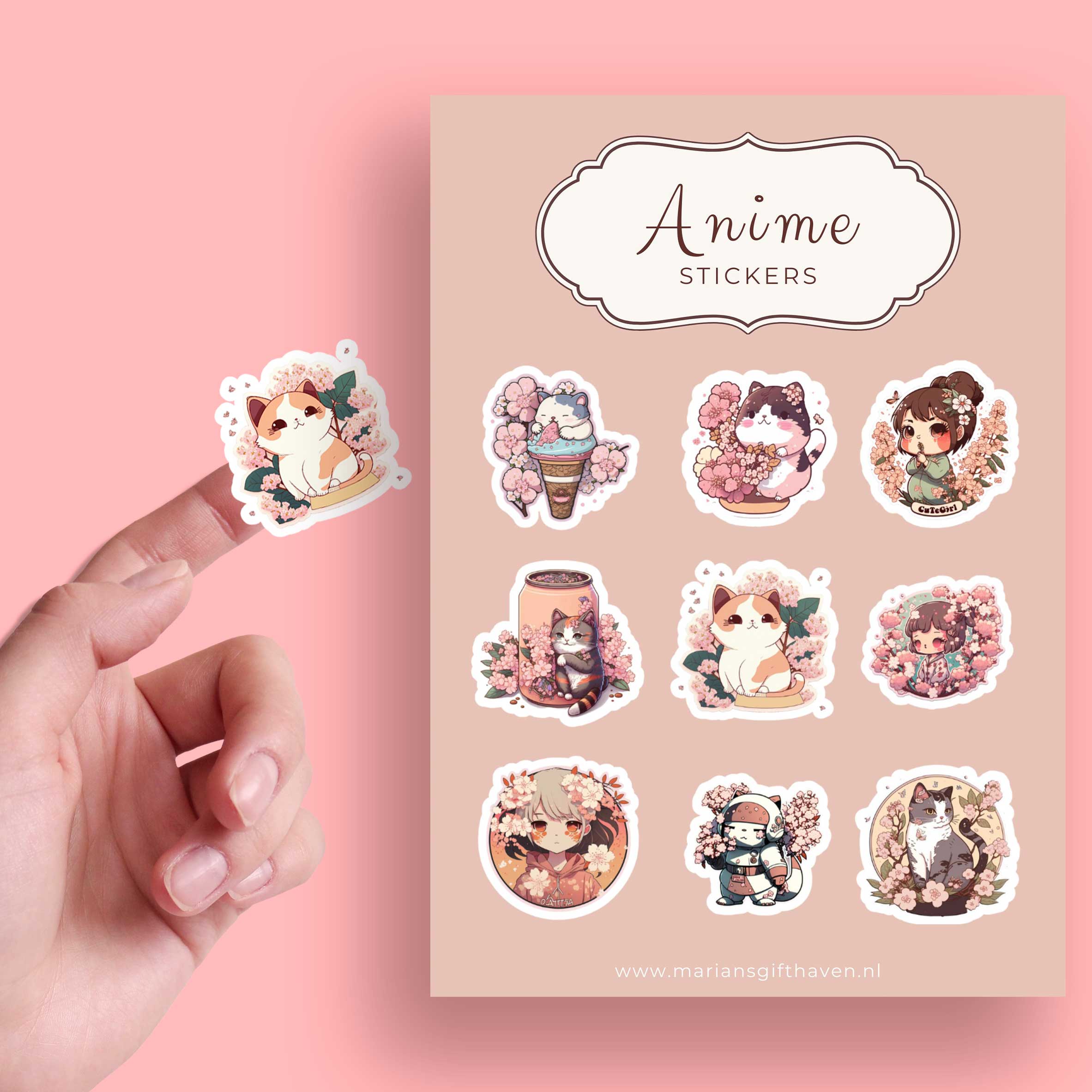 Stickervel met 9 anime- en kattenstickers met kersenbloesem op roze achtergrond, hand houdt één sticker vast.