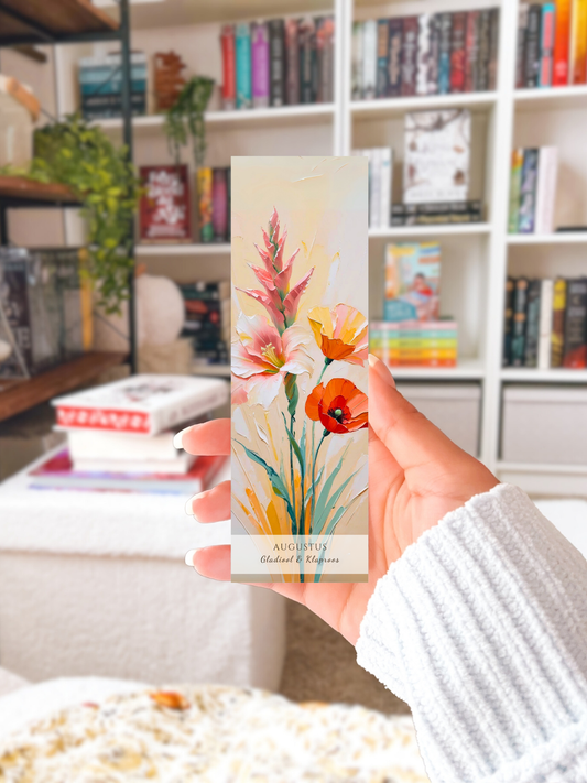 vrouw met bladwijzer in haar hand, geboorte bloem boekenlegger voor de maand augustus, met  kunstzinnige illustratie van Gladiool & Klaproos