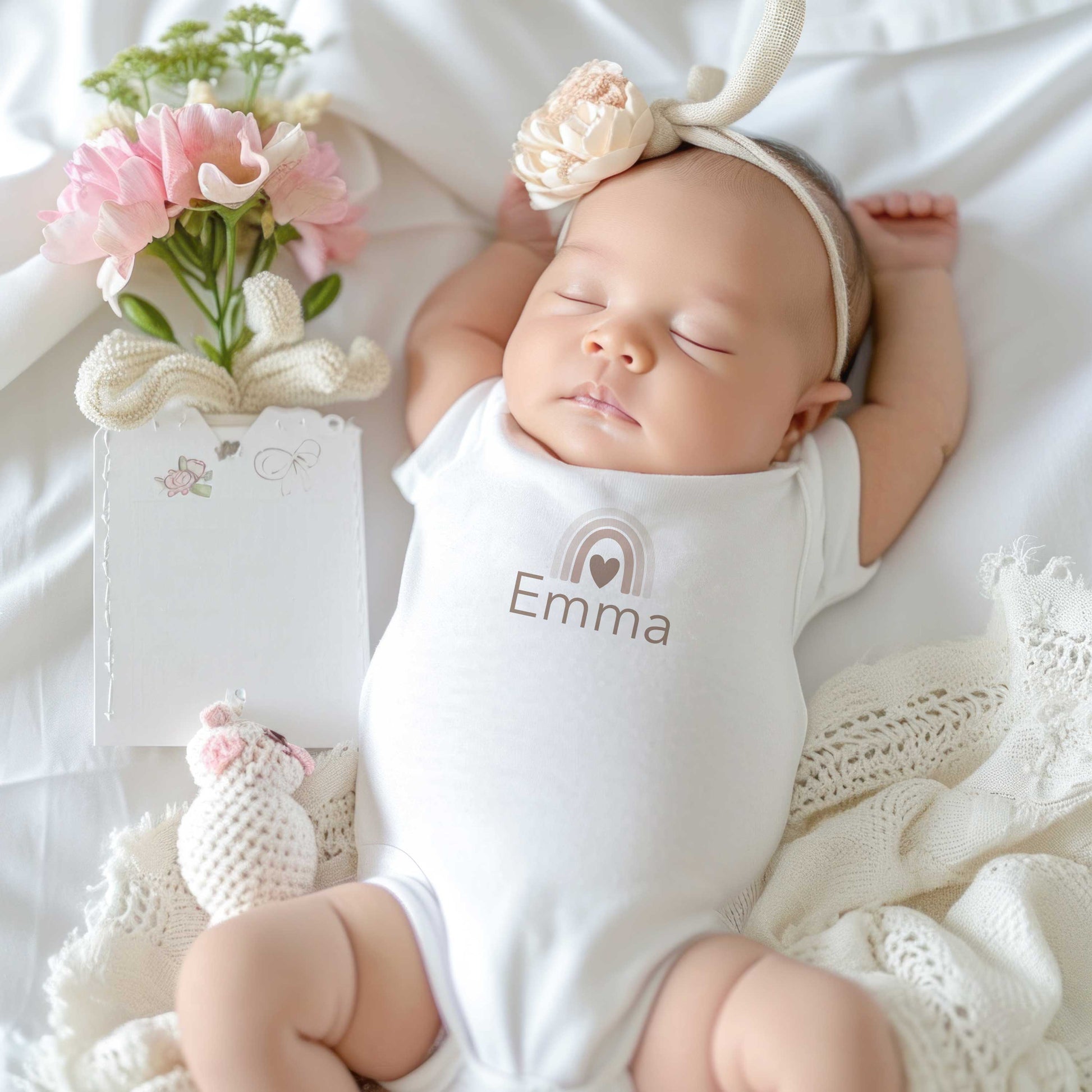 Slapende baby op witte deken met gepersonaliseerd wit rompertje met naam Emma en regenboogprint, naast bloemen, kaartje en knuffeltje