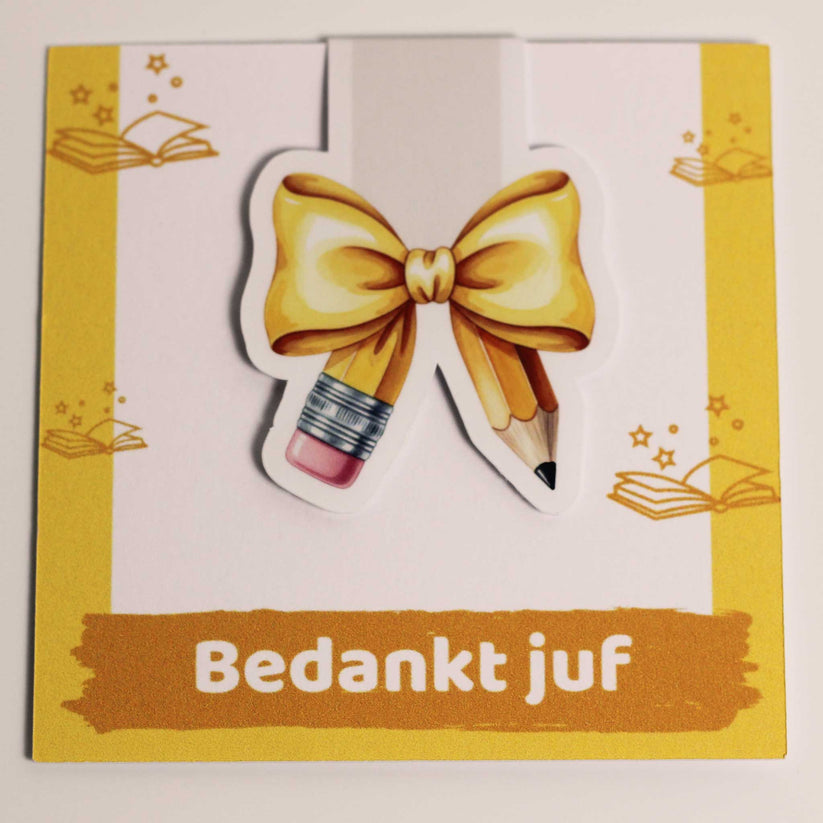 Magnetische boekenlegger voor juf met geel potlood ontwerp