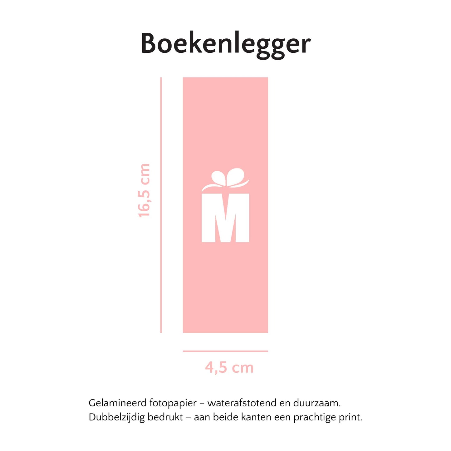 Overzicht van afmetingen en productdetails van een boekenlegger met ontwerp en formaatweergave