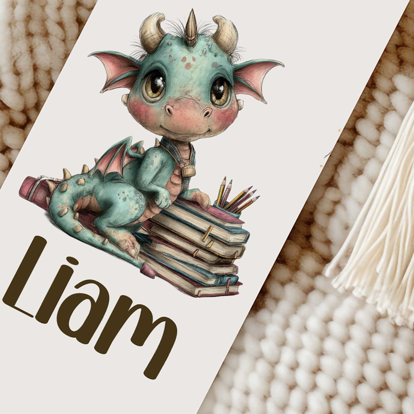 Close-up van een witte boekenlegger met een blauwgroen creatief draakje op een stapel boeken, kleurpotloden en de naam Liam. Rechts ligt een crèmekleurig kwastje op een beige gebreide deken.