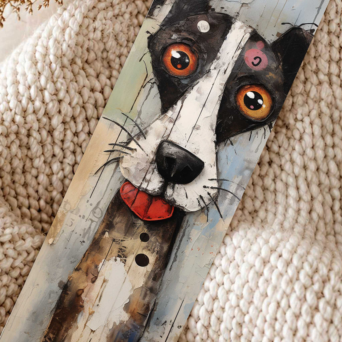 Close-up van boekenlegger met artistieke zwart-witte hond met grote oranje ogen, zwart flapoor en rood tongetje op een beige gebreide deken.