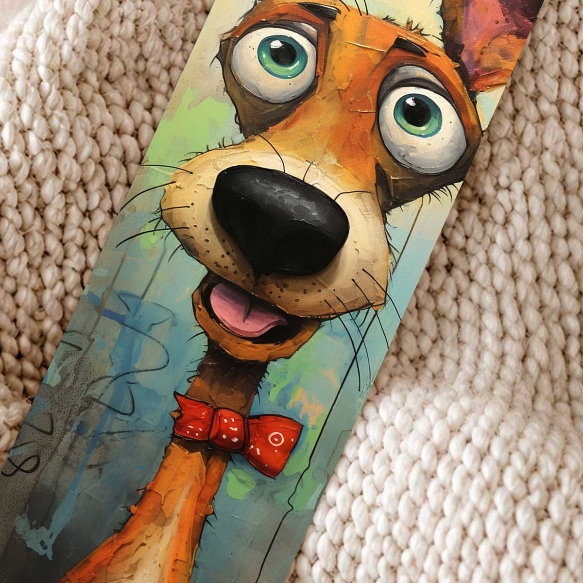 Close-up van kleurrijke boekenlegger met langwerpige oranje hond, grote groene ogen, spitse oren en een rood strikje.