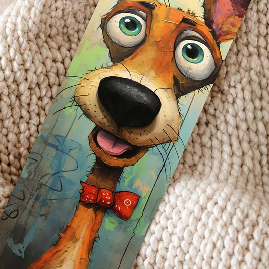 Close-up van kleurrijke boekenlegger met langwerpige oranje hond, grote groene ogen, spitse oren en een rood strikje.