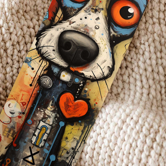 Close-up van kleurrijke boekenlegger met hond met grote oranje ogen en rood hartje op een beige gebreide deken.