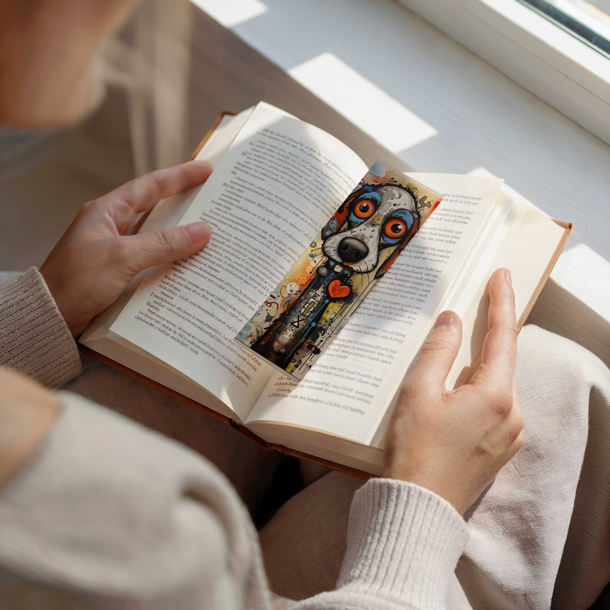 Persoon leest een open boek met een kleurrijke hondenboekenlegger met rood hartje tussen de pagina's.