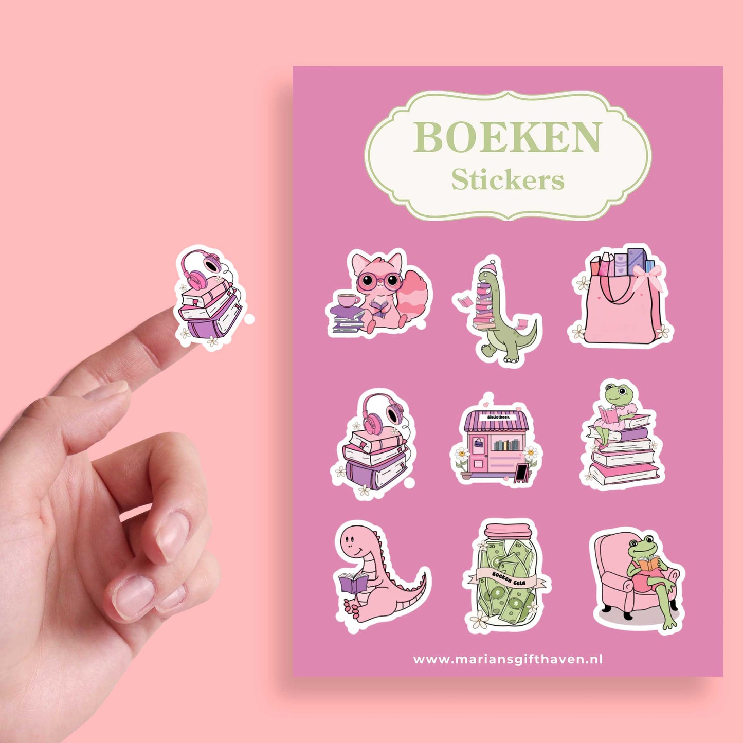 Boeken stickers in roze en groen, 9 ontwerpen op stickervel