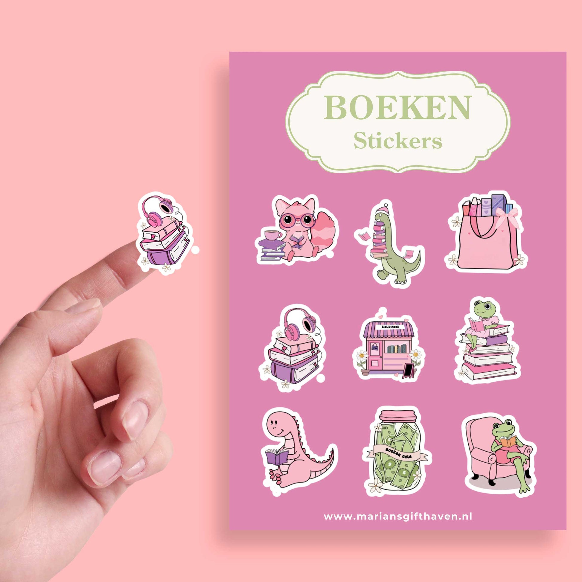 Boeken stickers in roze en groen, 9 ontwerpen op stickervel