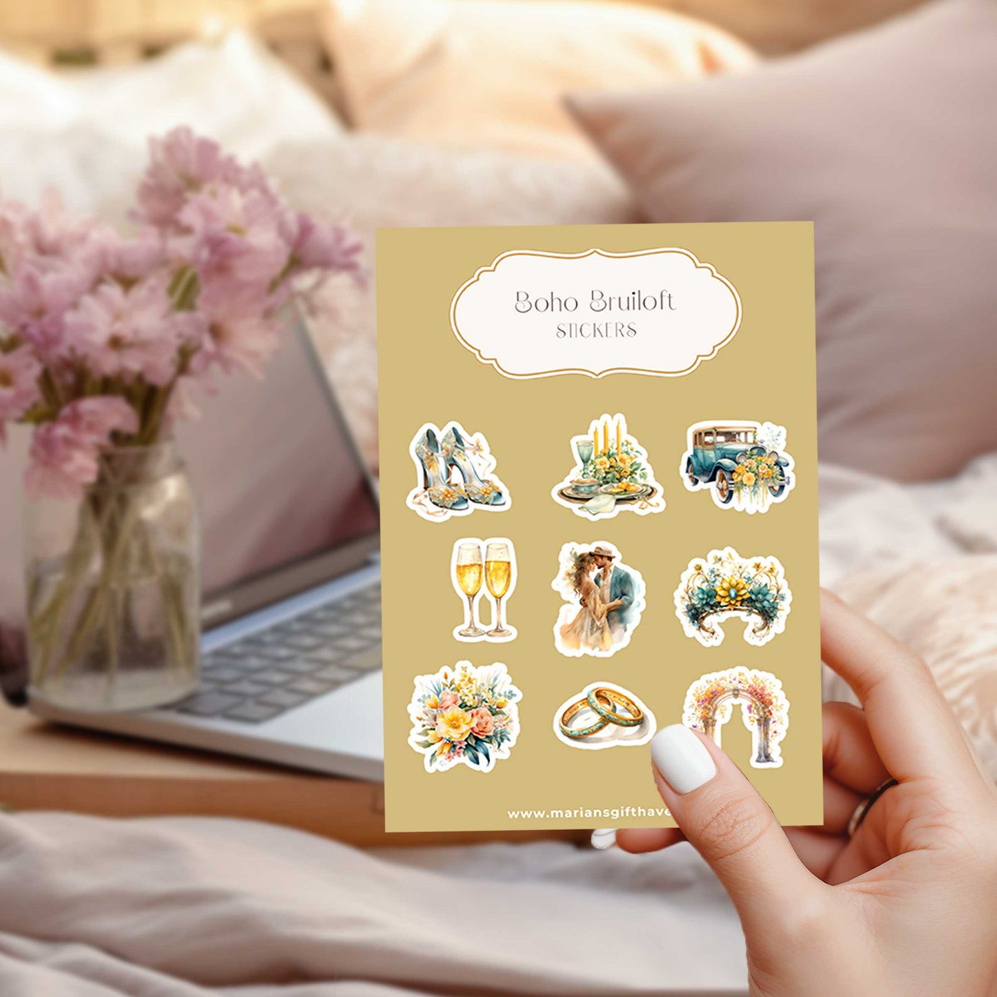 Boho bruiloft stickerset met romantische illustraties op stickervel