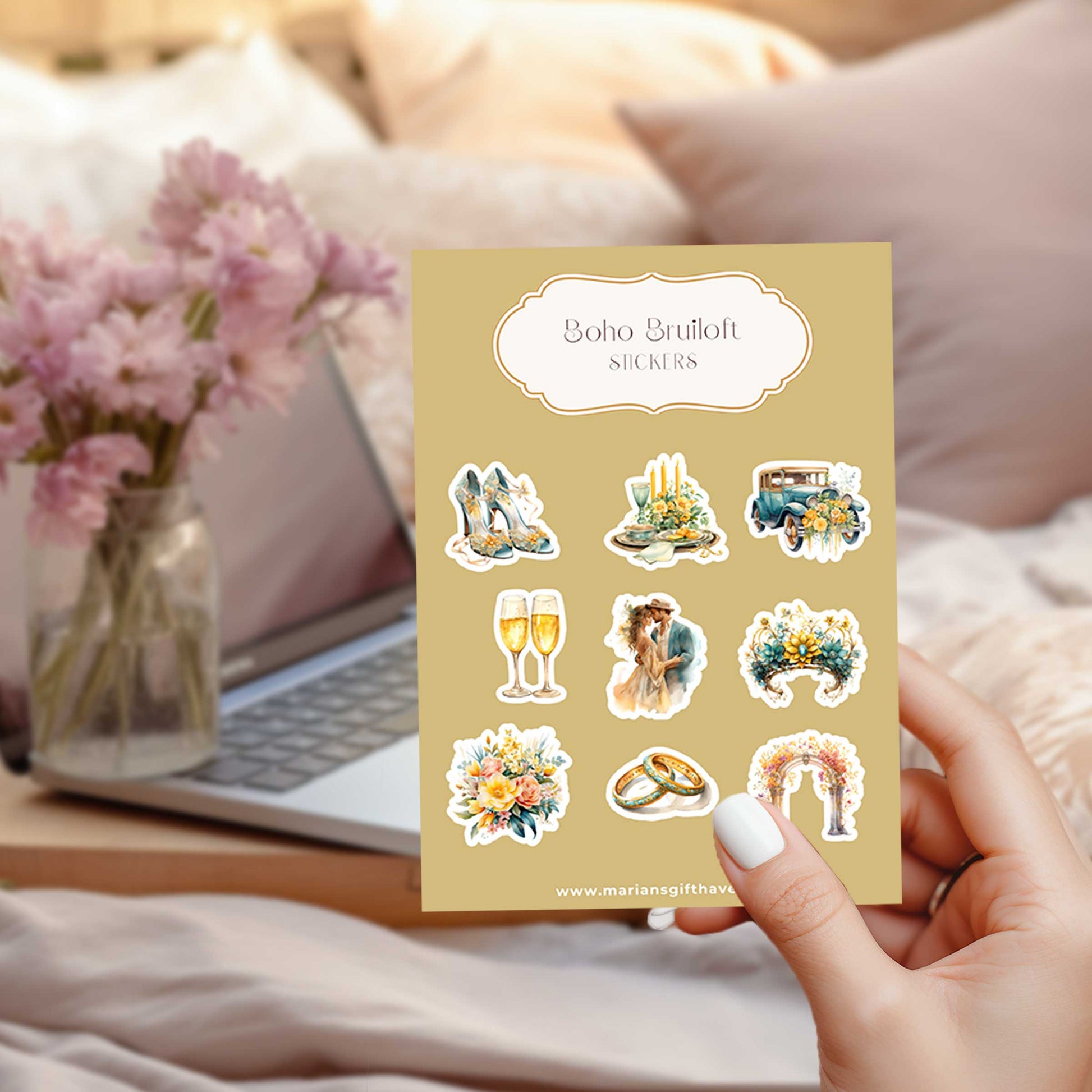 Boho bruiloft stickerset met romantische illustraties op stickervel