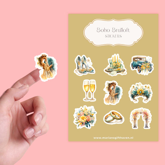 Boho bruiloft sticker met watercolor bruidspaar op vingertop