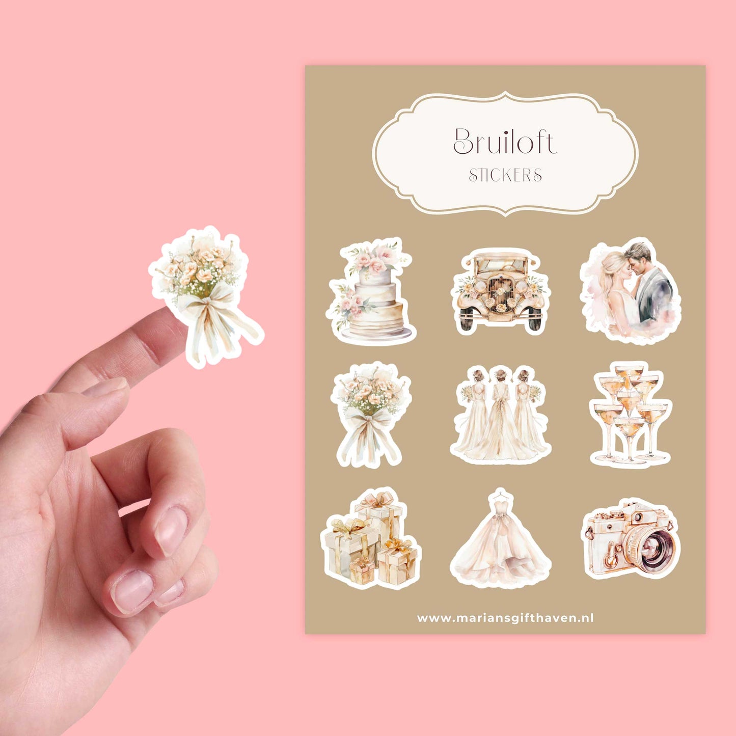 Sticker met bruidsboeket in watercolorstijl op vingertop