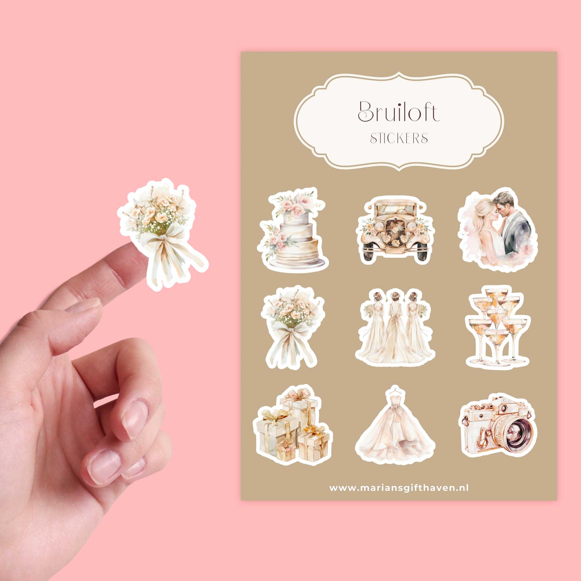 Sticker met bruidsboeket in watercolorstijl op vingertop