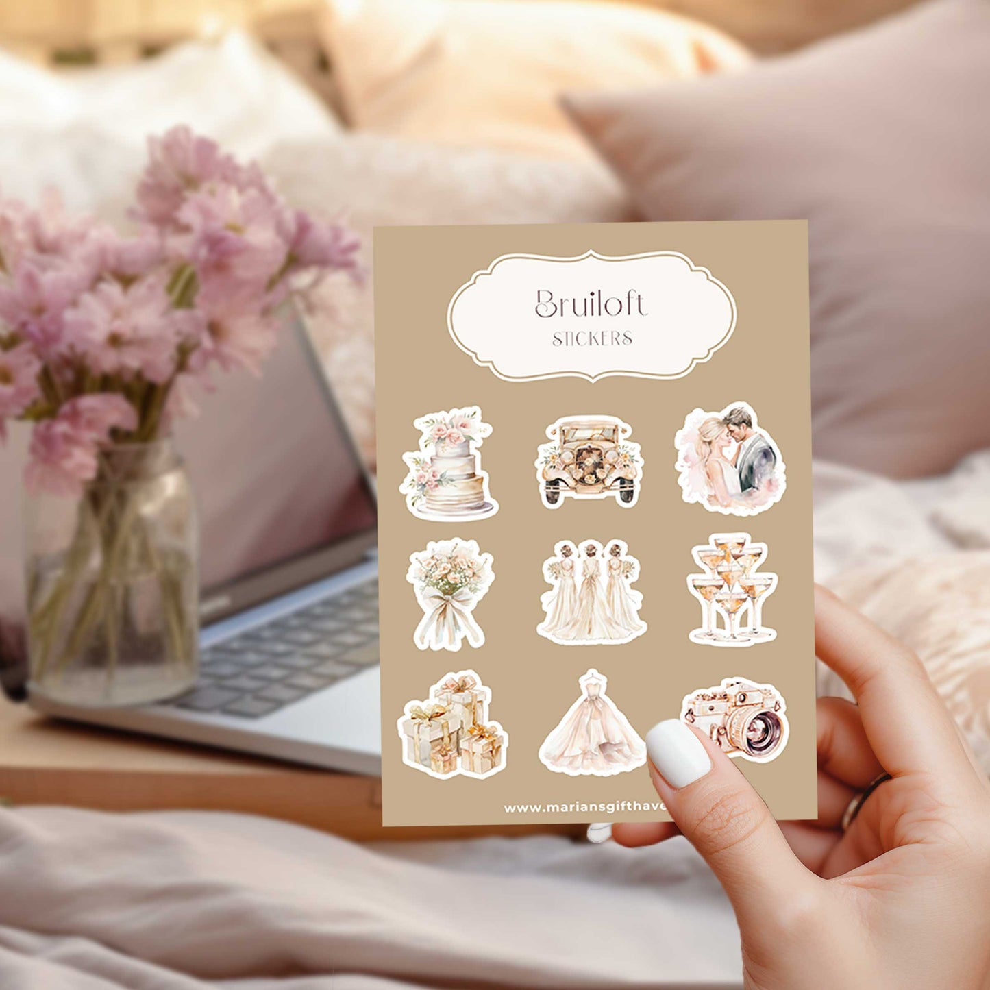 Bruiloft stickerset met 9 romantische stickers in zachte kleuren