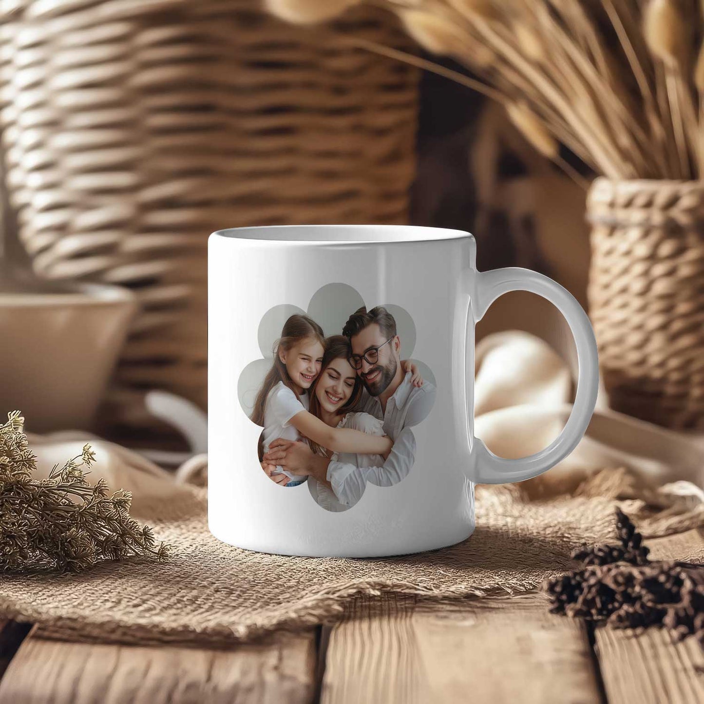 Witte keramische fotomok met een gezinsfoto in een bloemvormig fotokader, geplaatst op een houten tafel met natuurlijke decoratie en warme beige tinten op de achtergrond.