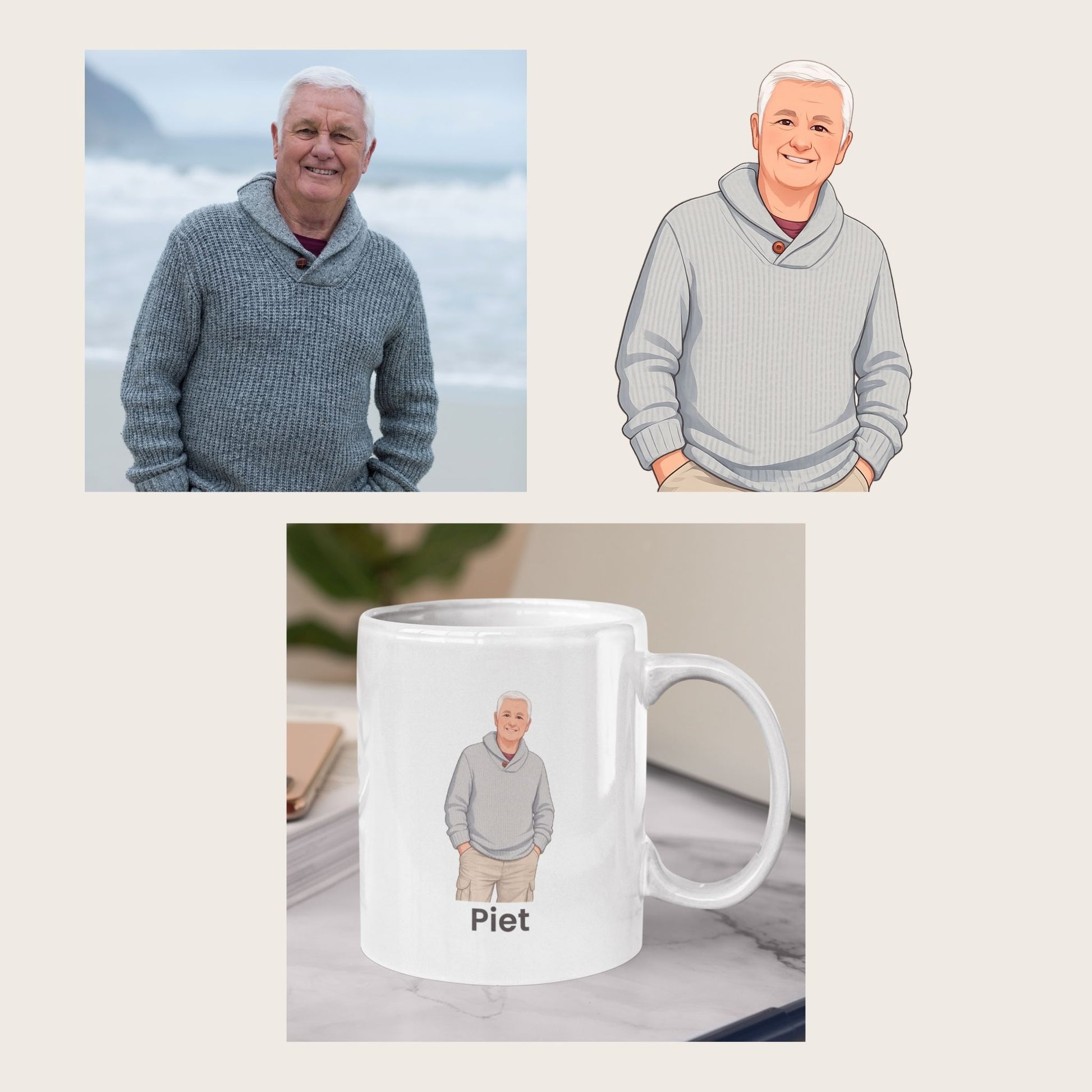Voorbeeld van foto naar cartoon illustratie met originele foto, cartoonversie en gepersonaliseerde mok met naam Piet