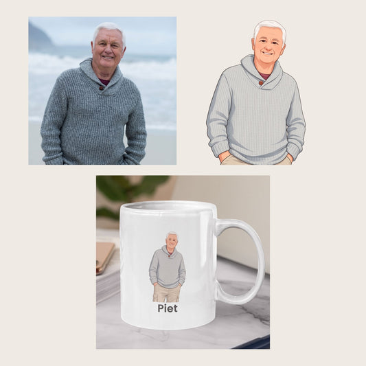 Voorbeeld van foto naar cartoon illustratie met originele foto, cartoonversie en gepersonaliseerde mok met naam Piet