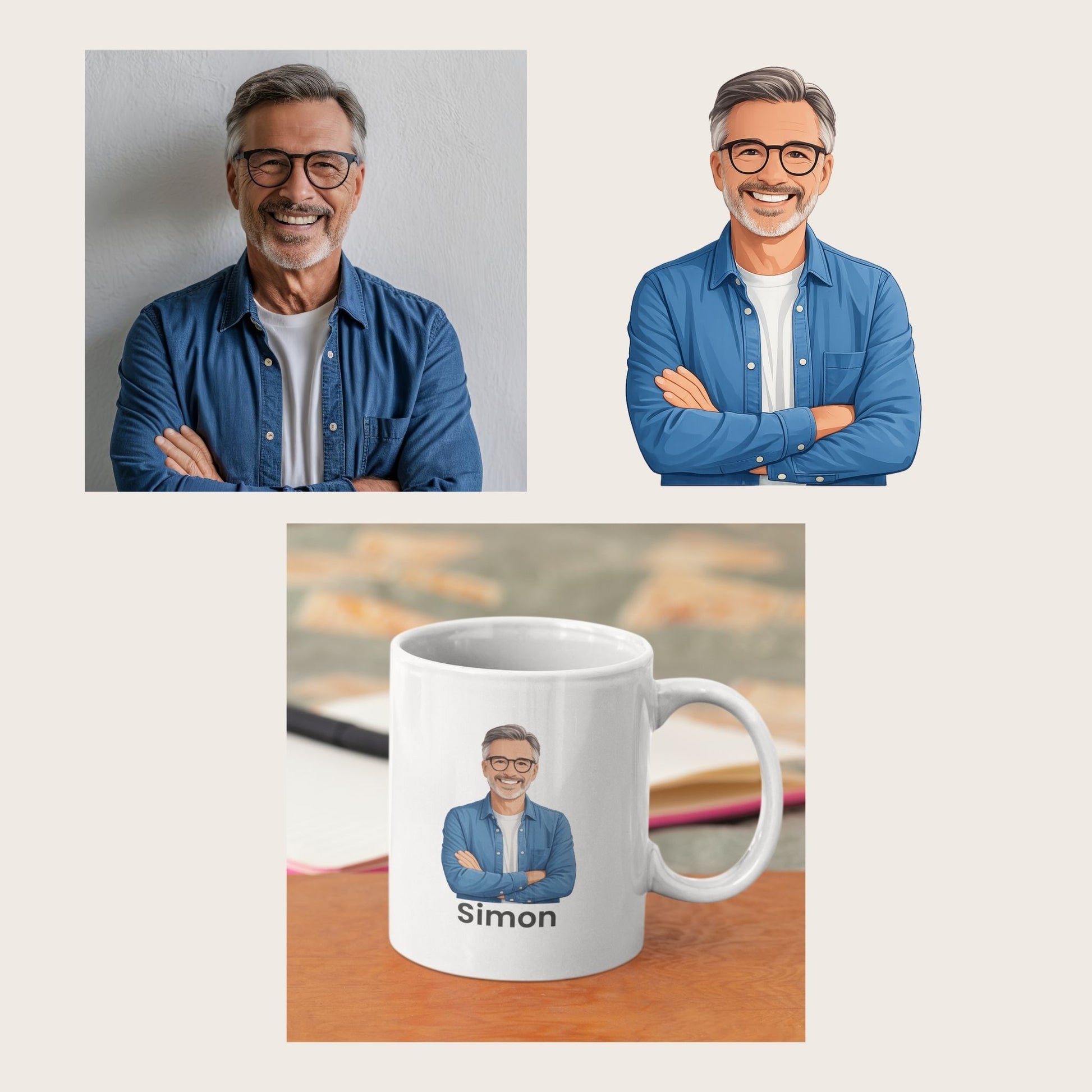 Voorbeeld van foto naar cartoon illustratie met originele foto, cartoonversie en gepersonaliseerde mok met naam Simon
