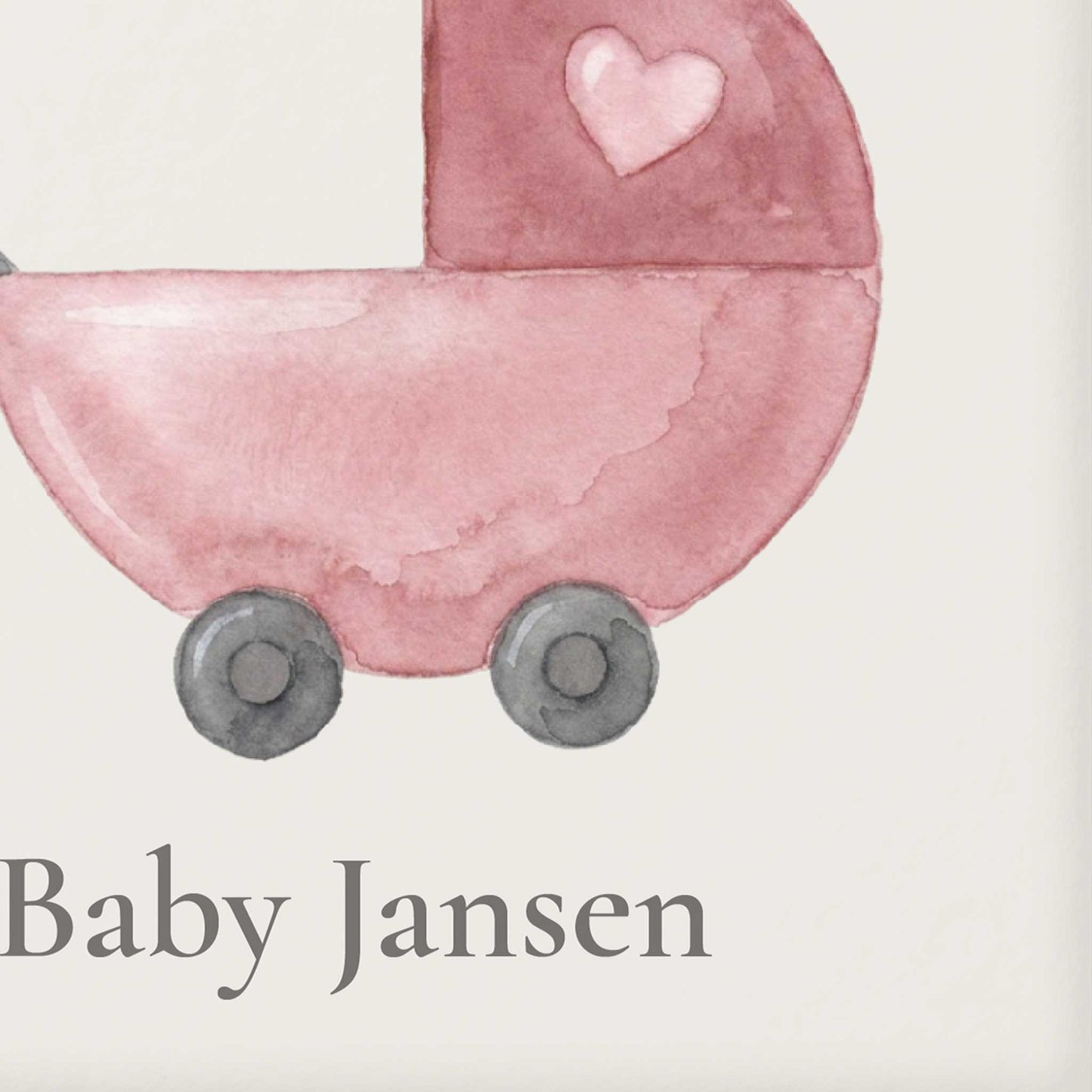 Close-up van een keramisch babytegeltje met roze watercolor kinderwagen illustratie en gepersonaliseerde naam