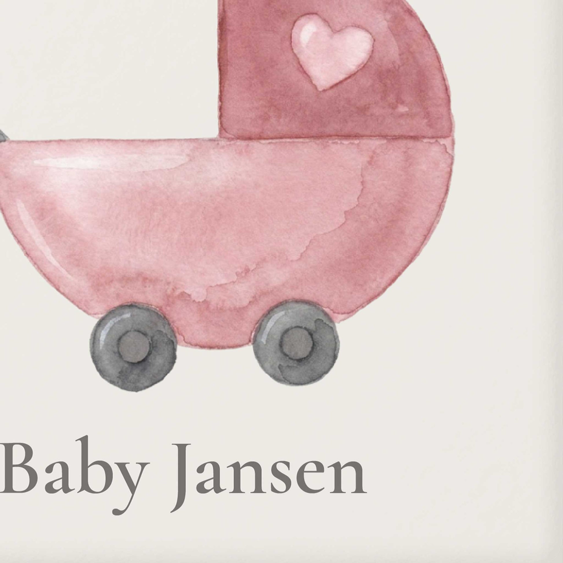 Close-up van een keramisch babytegeltje met roze watercolor kinderwagen illustratie en gepersonaliseerde naam