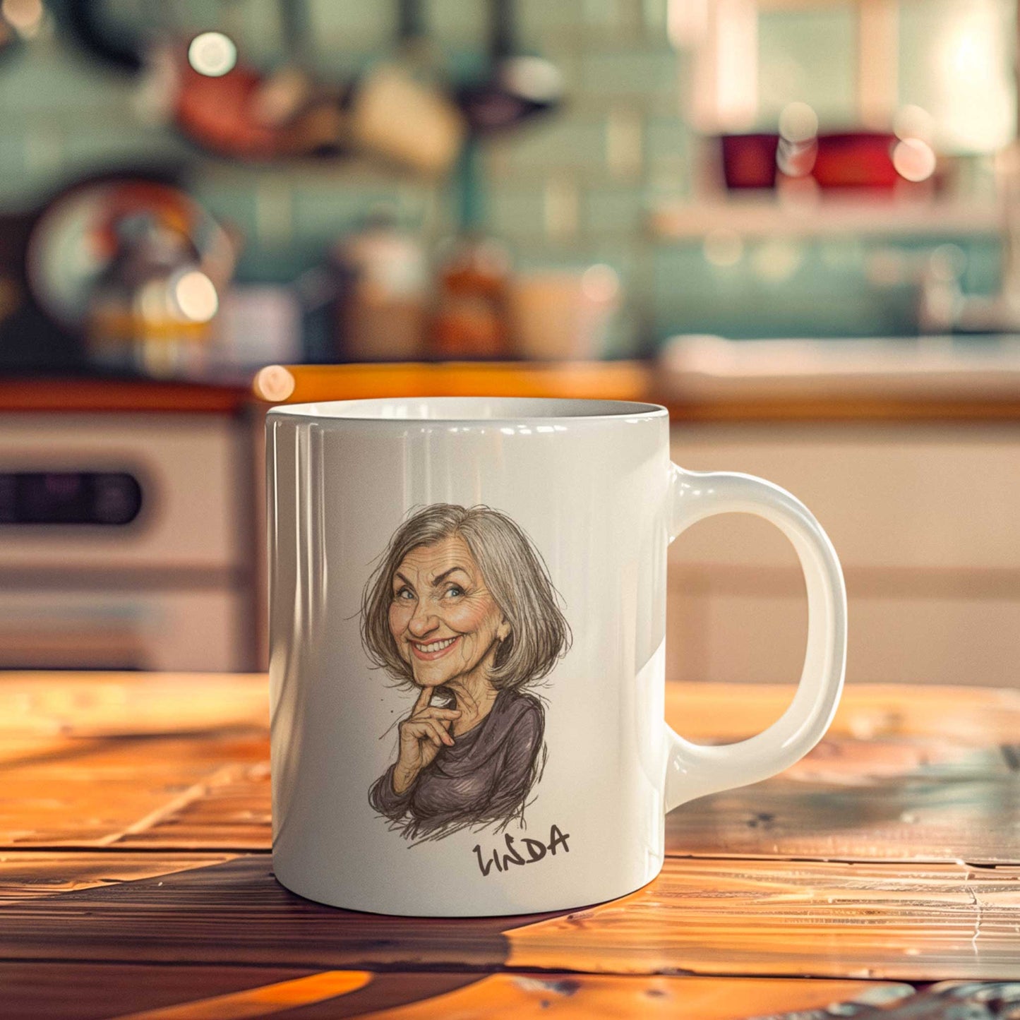 Witte keramische mok met gepersonaliseerde karikatuur van een oudere vrouw op een warme keukenachtergrond met houten tafel en zachte sfeerverlichting