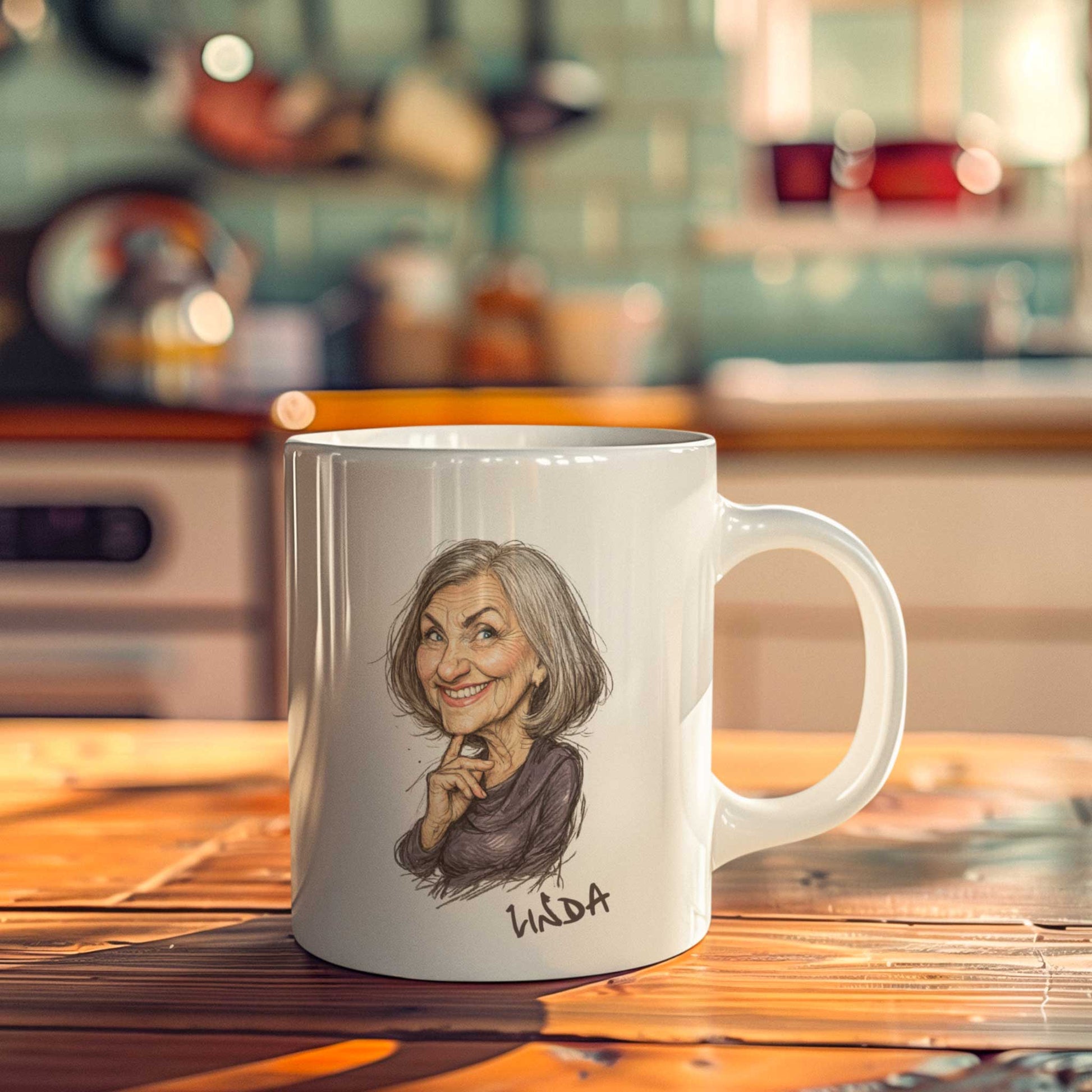 Witte keramische mok met gepersonaliseerde karikatuur van een oudere vrouw op een warme keukenachtergrond met houten tafel en zachte sfeerverlichting