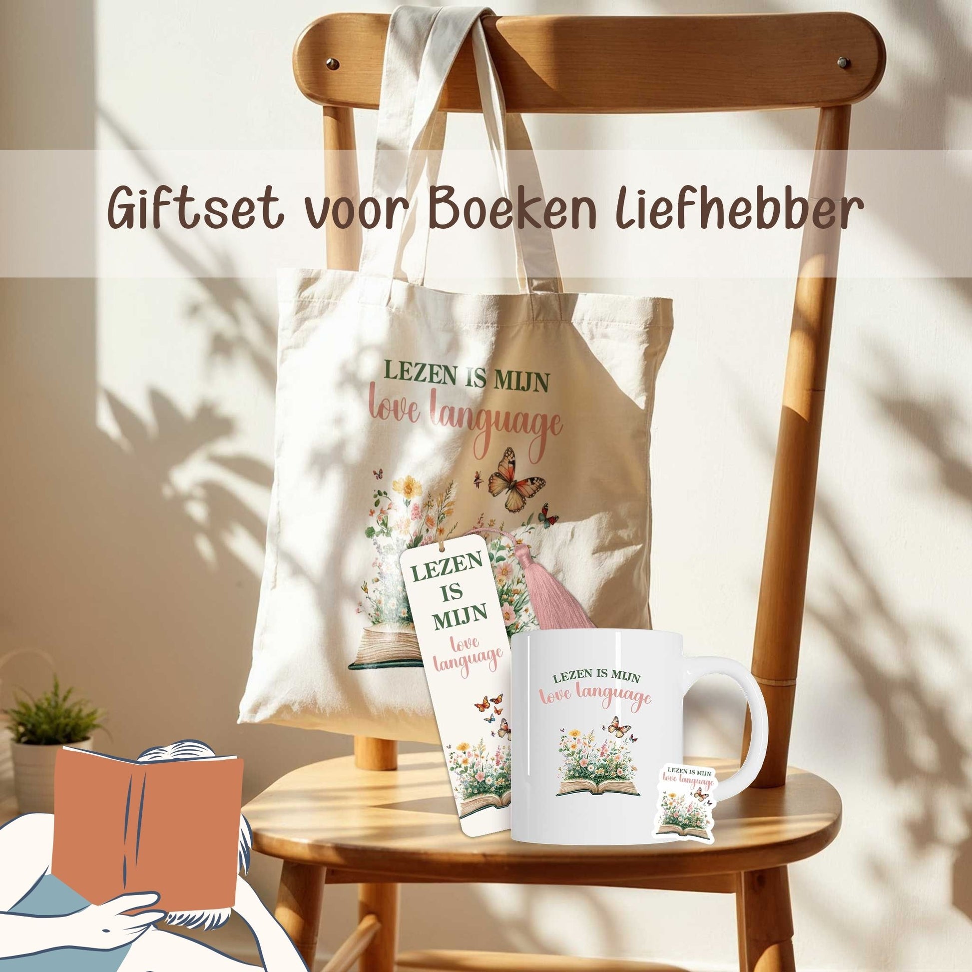 Giftset Lezen is mijn love language met mok, totebag, boekenlegger en sticker met open boek, bloemen en vlinders