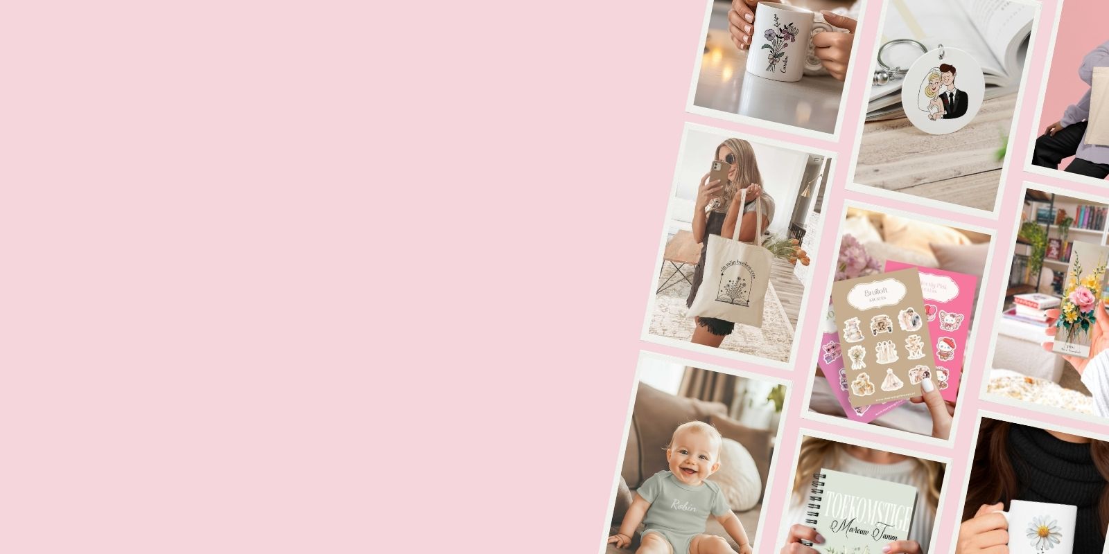 Headerafbeelding van Marians Gift Haven met collage van gepersonaliseerde cadeaus zoals mokken, totebags, stickers en babykleding op een oudroze achtergrond.