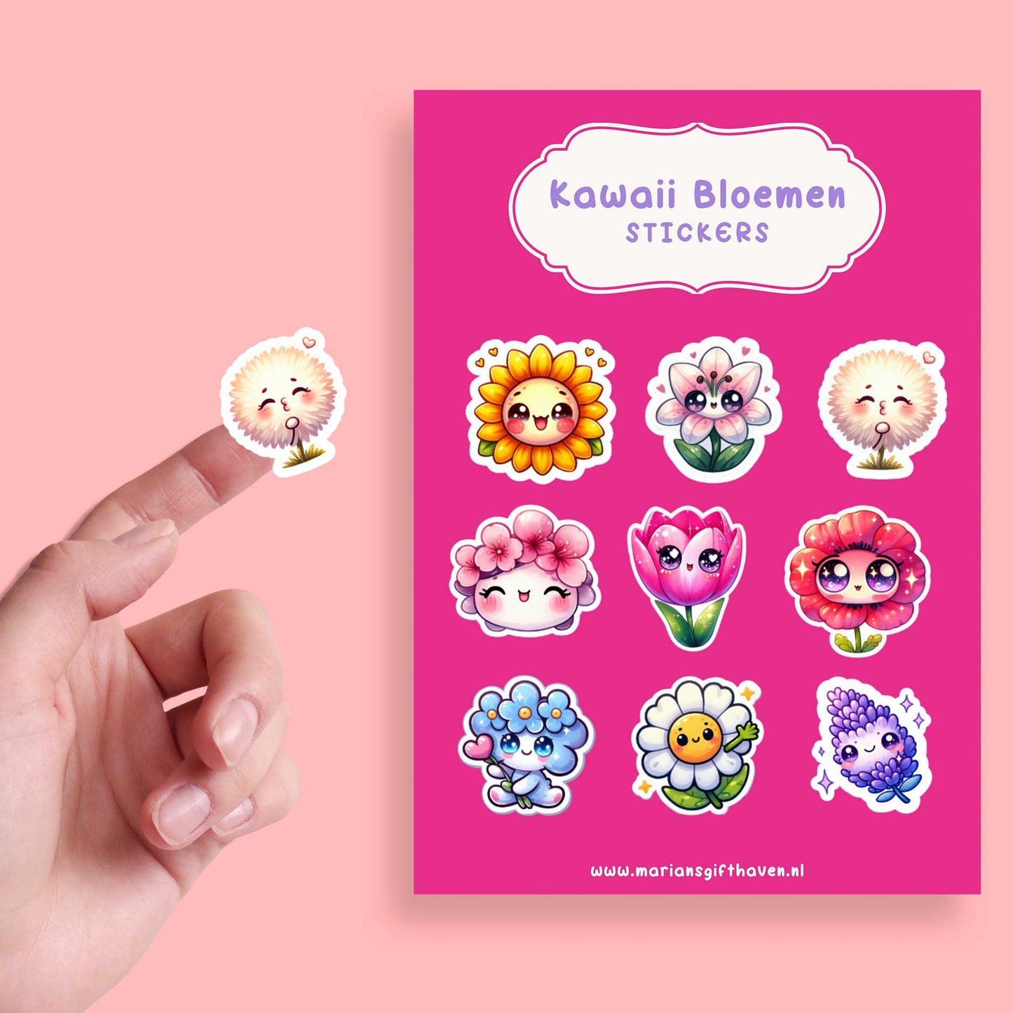 Vinger met schattige pluizenbloem sticker uit kawaii bloemen set, en het stickervel van kawai bloemen 