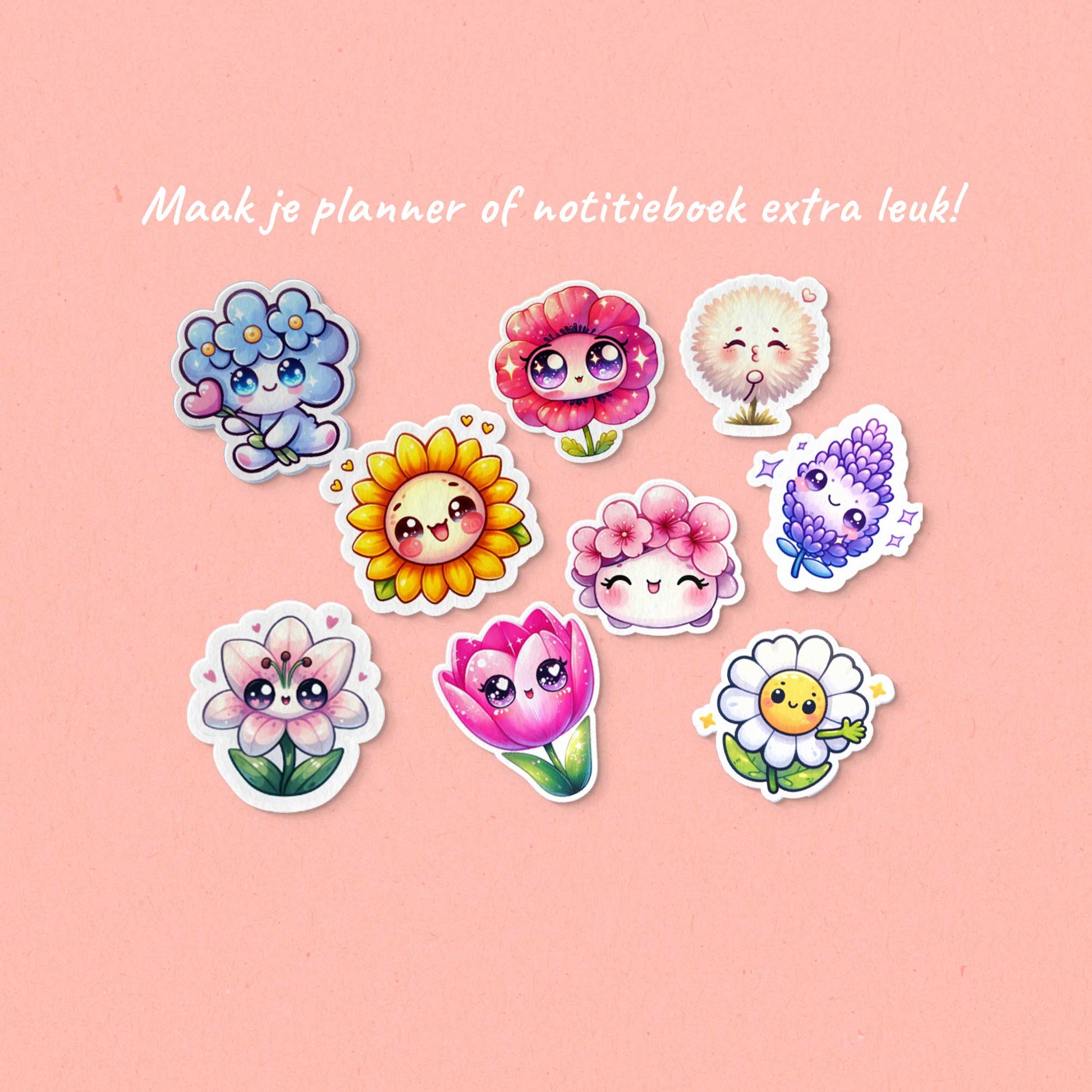 Losse kawaii bloemenstickers uitgestrooid op roze ondergrond