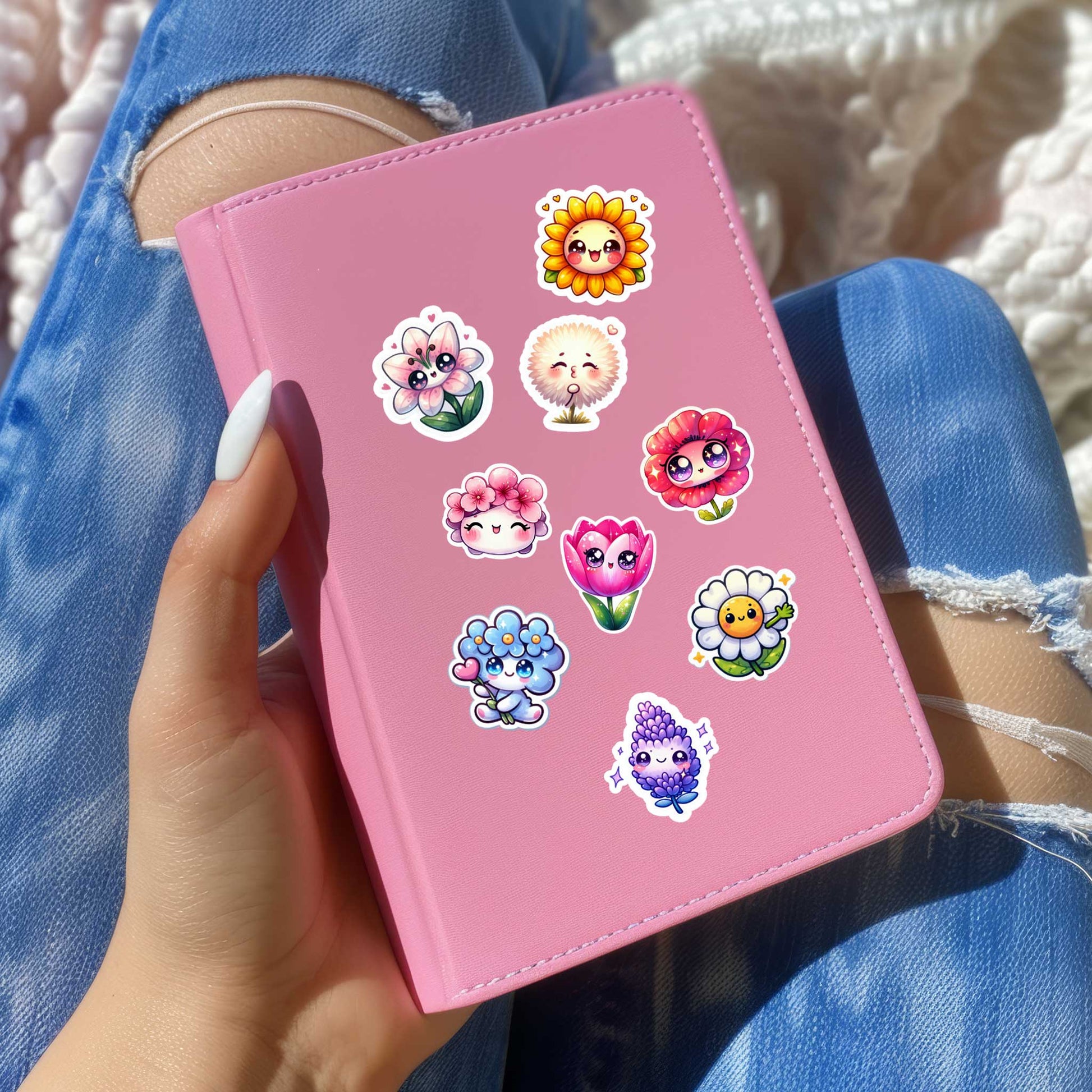 vrouw die notiteboek op haar schoot houdt, Stickers geplakt op roze notitieboek, kawaii bloemen design.