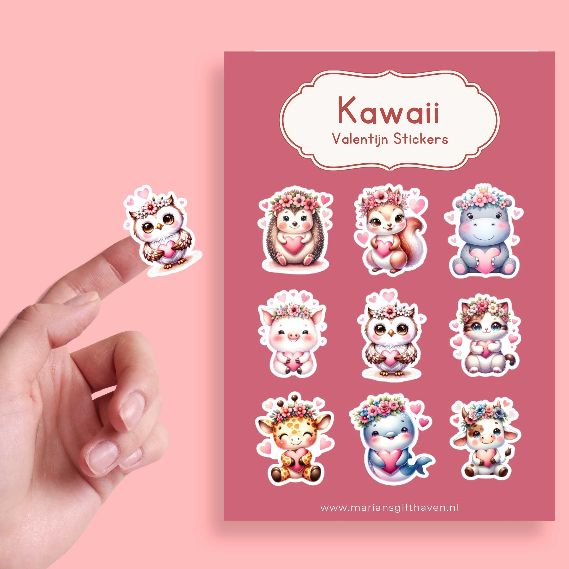 Hand houdt kawaii Valentijn stickervel vast met 9 schattige dierenstickers en hartjes