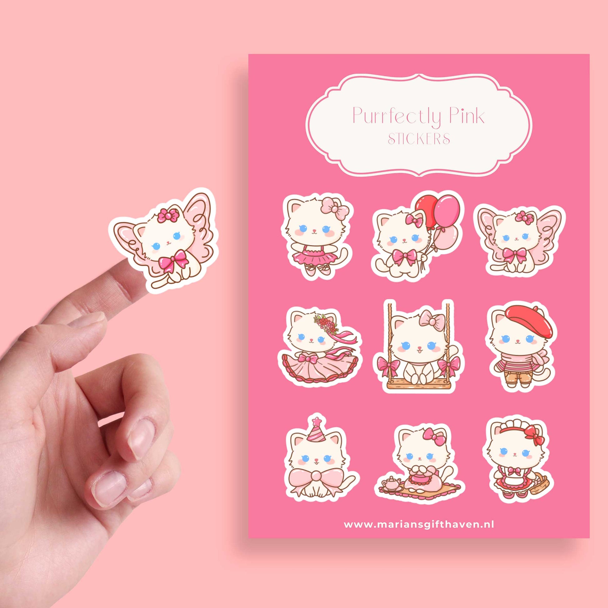 Stickervel met 9 kawaii roze katjes, op roze achtergrond, met hand die één sticker toont