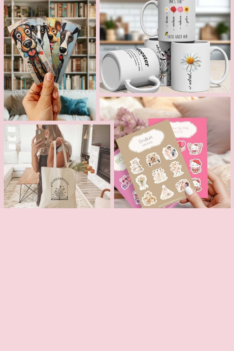 Collage van gepersonaliseerde mokken, stickers, totebag en boekenleggers op roze achtergrond – overzicht van creatieve cadeaus