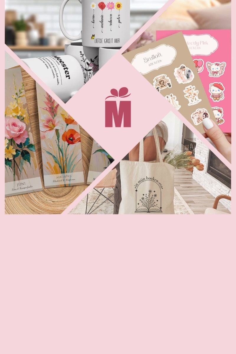 Creatieve collage van mokken, stickers, boekenleggers en totebag rondom het MGH-logo – ideaal voor mobiel winkeloverzicht