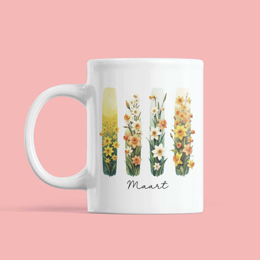 Maart – Geboortebloemen Mok met Brusheffect