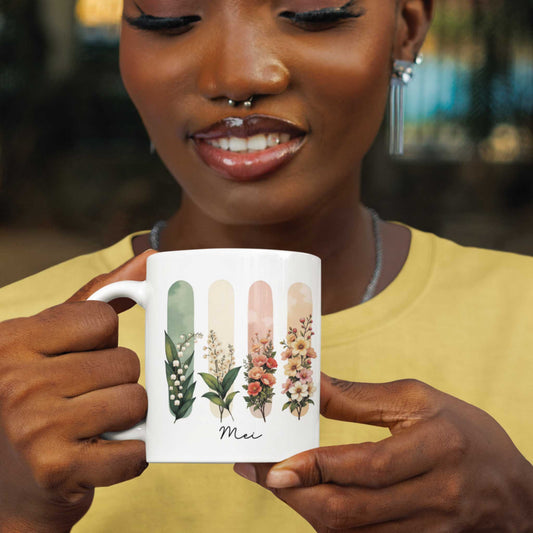 Vrouw in gele top houdt een mok vast met geboortebloemen van mei: lelietje-van-dalen en meidoorn op zachte brushachtergrond, met tekst ‘Mei’.