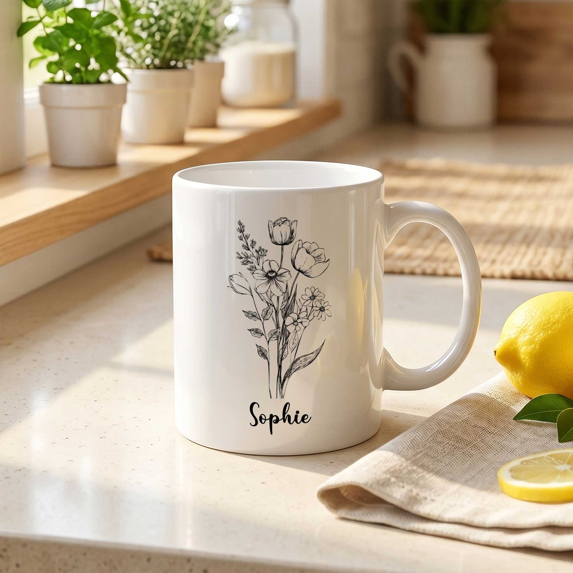 Productfoto van een witte mok met een zwarte bloemenschets en de naam Sophie op een licht keukenblad.