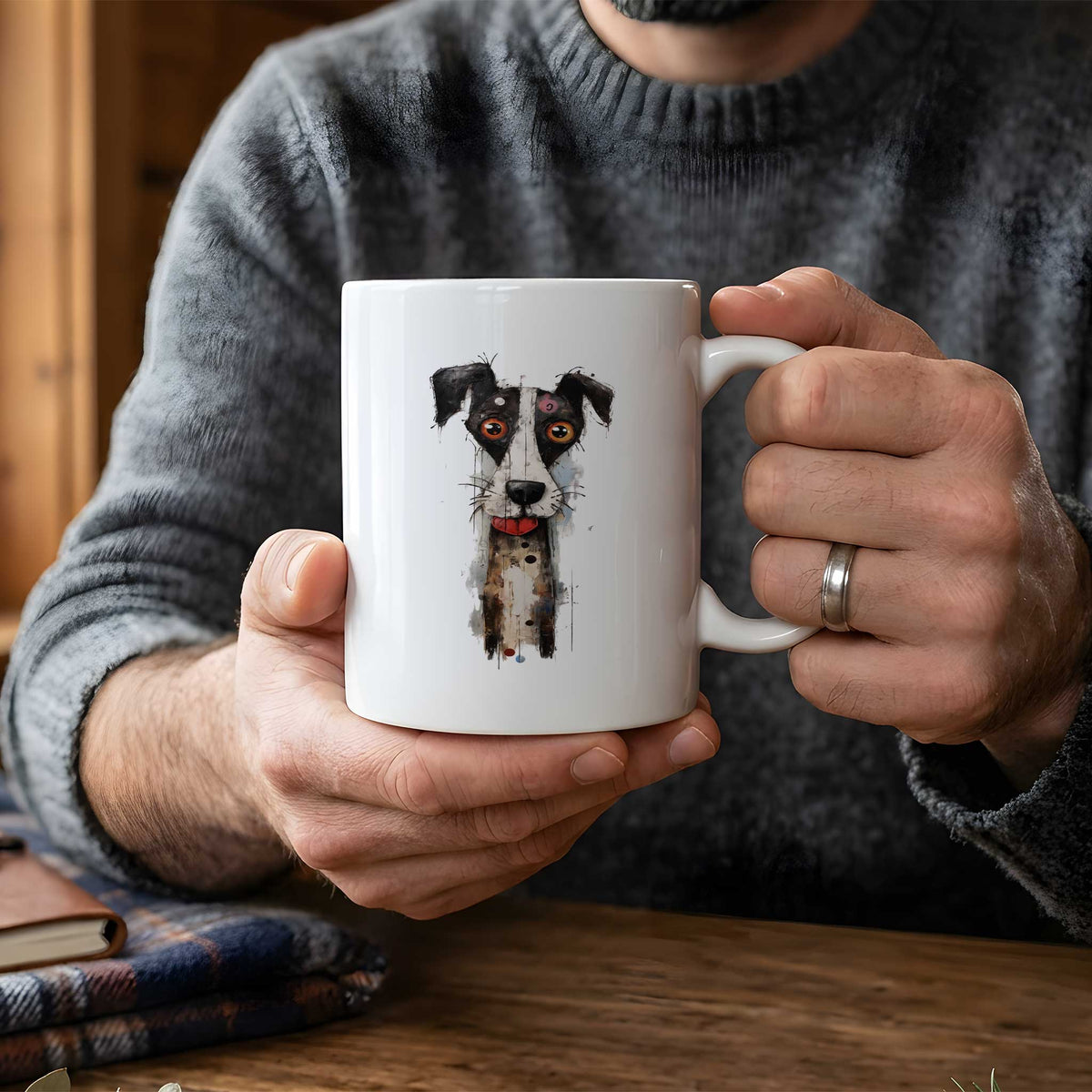 Man in donkere trui houdt met beide handen een witte mok vast met een artistieke zwart-witte hond met flaporen, grote oranje ogen en een rood tongetje.