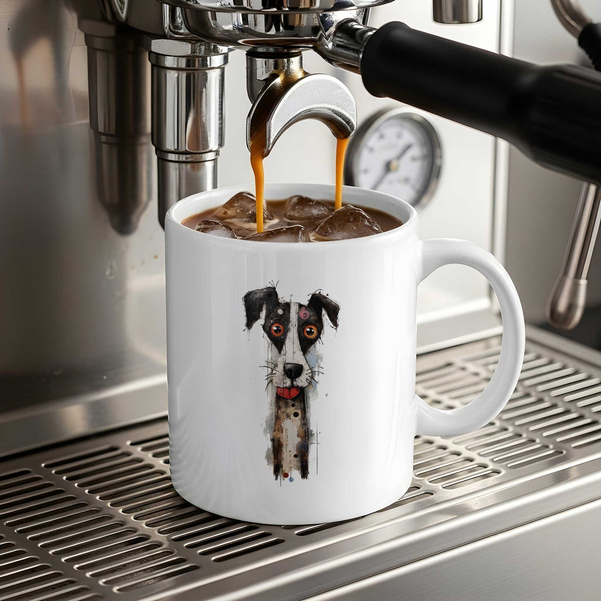 Witte mok onder een espressomachine met een artistieke zwart-witte hond met ongelijke flaporen, grote oranje ogen en een rood tongetje.