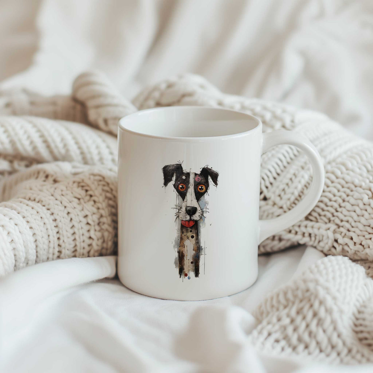 Witte mok tussen crèmekleurige gebreide dekens met een artistieke zwart-witte hond met flaporen, grote oranje ogen en een rood tongetje.