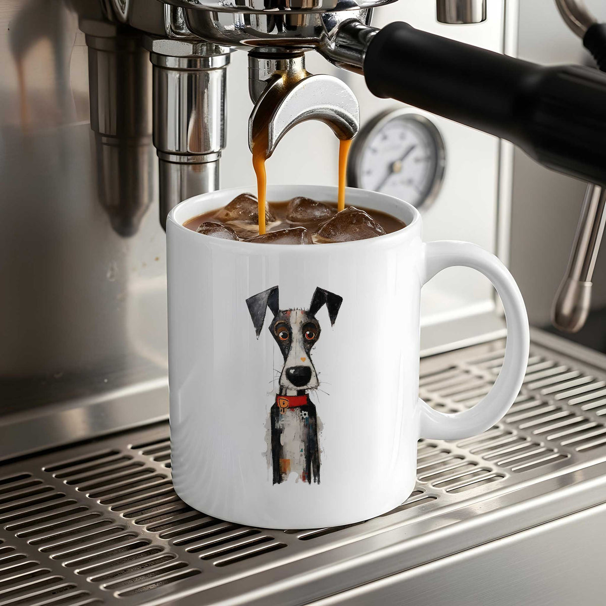 Witte mok onder een espressomachine met een zwart-witte artistieke hond met grote oren, oranje ogen en rode halsband.