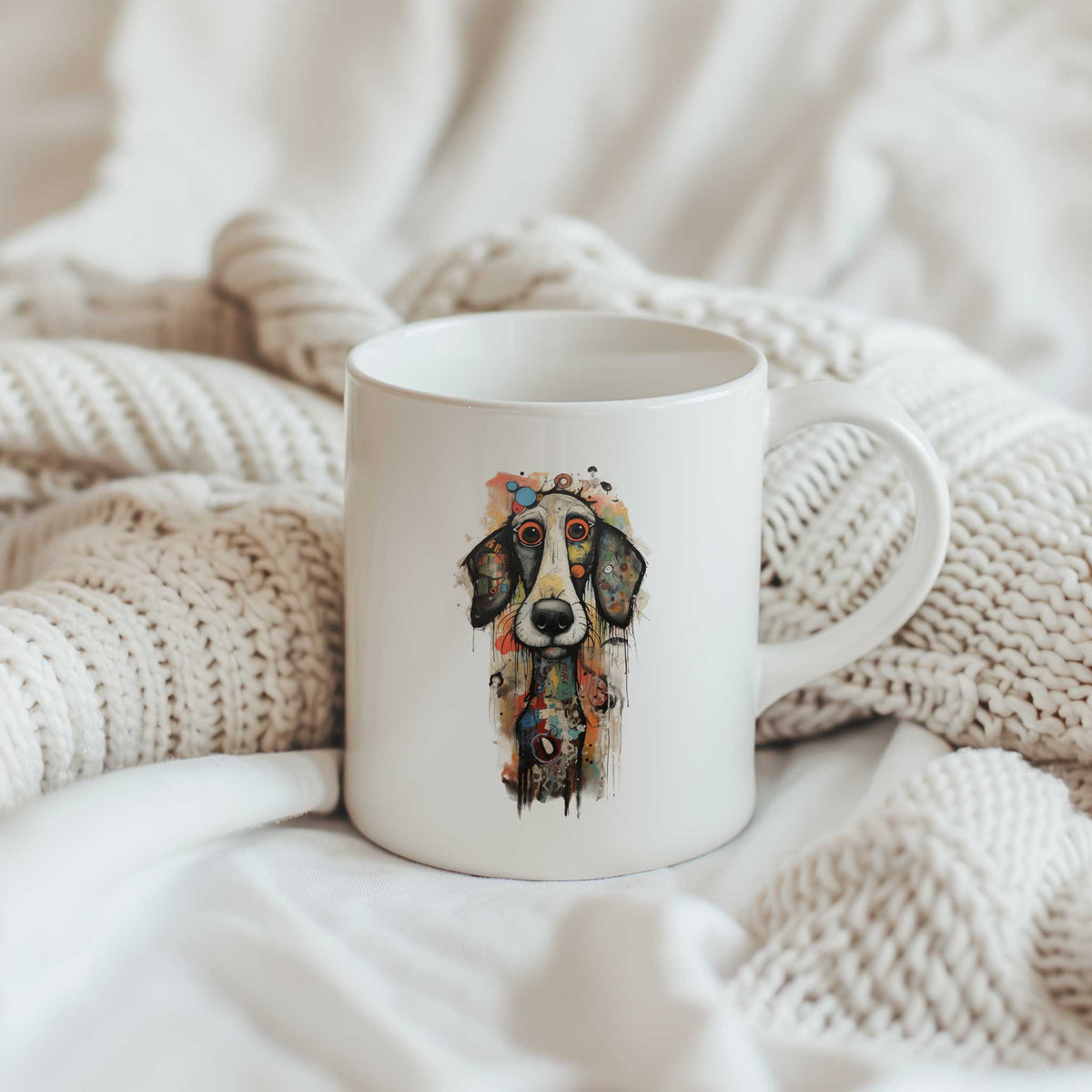 Witte mok tussen crèmekleurige gebreide dekens met een langgerekte artistieke hond met grote rood-oranje ogen.